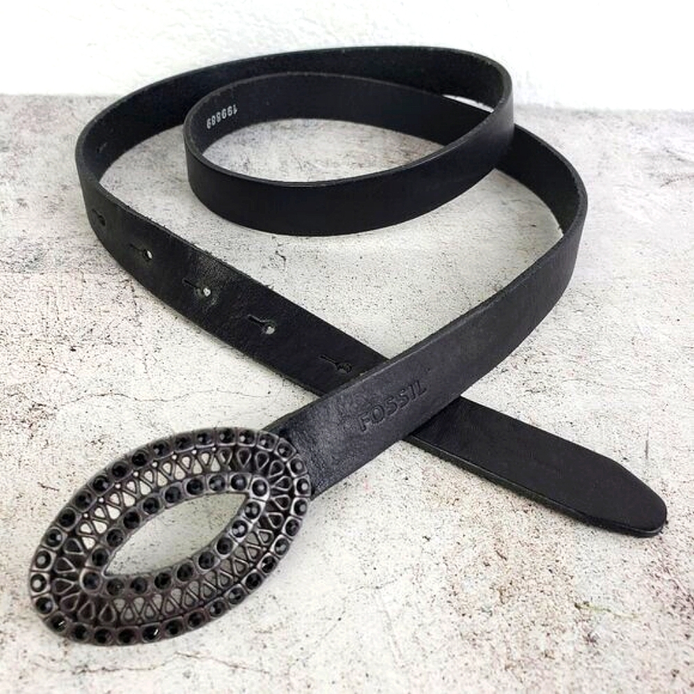 Fossil Genuine Leather Belt Black Boho Victorian Gothic Encrusted Buckle size M